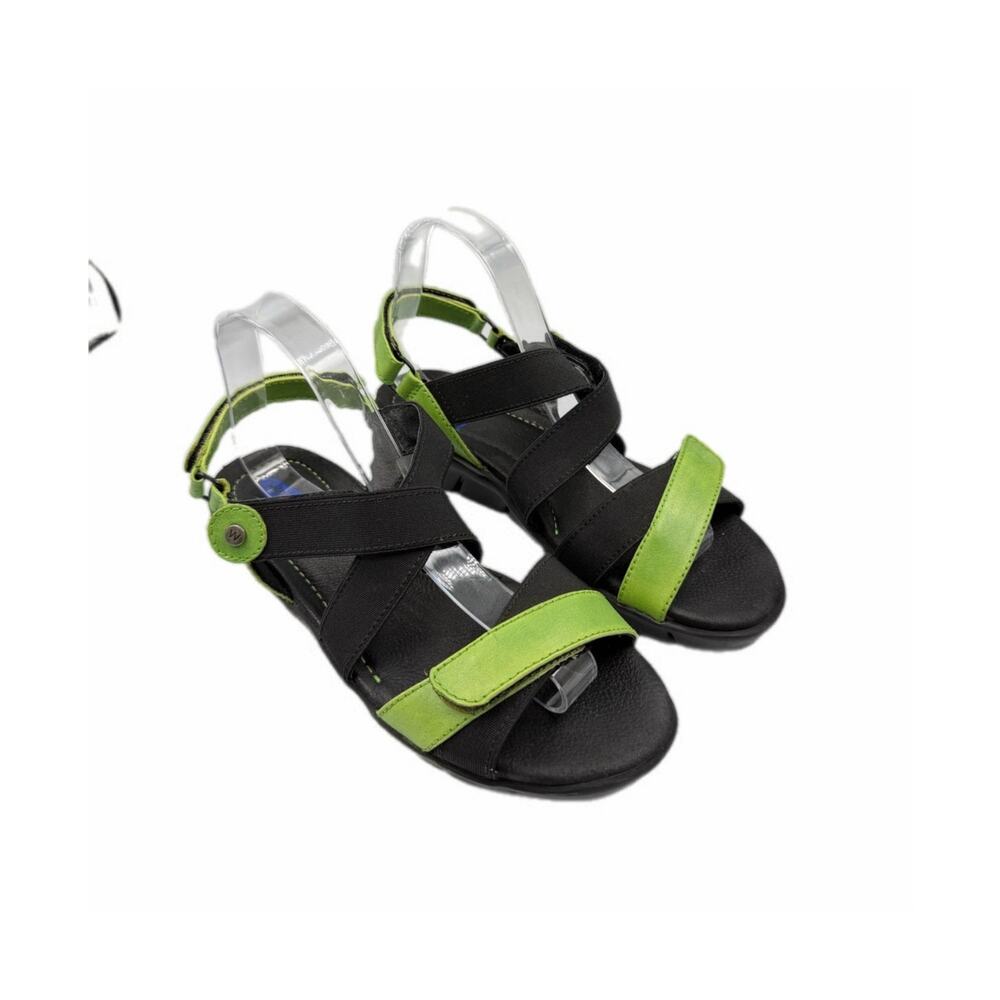 Wolky Electra Black Green Hook & Loop Adjustable Low Wedge Comfy Casual Sandals